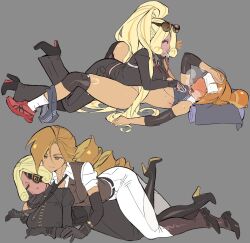 4girls ^_^ ankle_socks areola_slip arm_up armpits bare_shoulders belt black_belt black_boots black_gloves black_jacket black_necktie black_pants black_pantyhose black_shirt black_shoes blonde_hair blowing_whistle blush boots bottomless breasts brown_eyes brown_hair brown_vest closed_eyes clothes_grab clothes_lift collared_jacket collared_shirt commentary cookie_run cookie_run:_ovenbreak covered_eyes croissant_cookie croissant_cookie_(director_of_the_tbd) dark-skinned_female dark_skin dot_nose eyewear_on_head facing_another food-themed_hair from_side full-face_blush full_body girl_on_top gloves grey_background grey_shirt grey_shorts grin hair_between_eyes hair_bun hand_on_own_forehead high_heel_boots high_heels humanization jacket juliet_sleeves knee_pads lapels leg_up long_hair long_sleeves looking_at_another lying multiple_girls multiple_persona necktie necktie_grab neckwear_grab notched_lapels official_alternate_hair_length official_alternate_hairstyle ohta_guk_hip on_back on_stomach pants pantyhose parted_lips pinstripe_pattern pinstripe_vest profile puffy_sleeves red_shoes selfcest shirt shirt_lift shoes short_hair short_sleeves shorts shorts_around_one_leg simple_background single_hair_bun sleeveless sleeveless_shirt sleeves_past_wrists small_breasts smile sneakers socks sunglasses sweat symbol-only_commentary timekeeper_cookie timekeeper_cookie_(ruler_of_the_ephemeral_flow) u_u underboob very_long_hair vest white_pants white_shirt white_socks yuri zipper