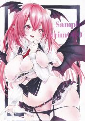 1girl arim0k0 artist_name bat_wings black_border black_panties black_skirt black_thighhighs black_vest border breasts cleavage cowboy_shot frills garter_straps groin head_wings highres huge_breasts koakuma lingerie long_hair long_sleeves marker_(medium) microskirt multiple_wings open_mouth panties pointy_ears red_eyes red_hair sample_watermark skirt solo teeth thighhighs touhou traditional_media underwear upper_teeth_only vest watermark wings