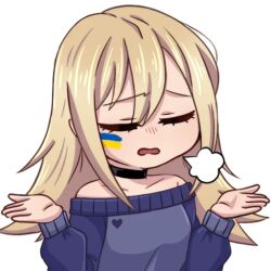 1girl black_choker blonde_hair blue_sweater choker closed_eyes facepaint hair_between_eyes hands_up henna_(hentaiukr) hentaiukr korzynka_persykiv long_hair non-web_source off_shoulder open_mouth own_hands_together solo sticker sweater transparent_background ukrainian_flag