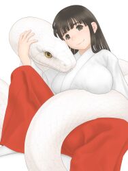 Rule 34 | 1girl, black eyes, black hair, breasts, closed mouth, couch, female focus, highres, japanese clothes, kimono, large breasts, long hair, on couch, original, smile, snake, white background, xiin
