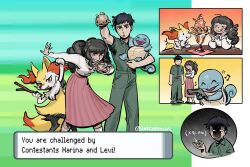 &gt;_&lt; 1boy 1girl black_hair braixen brown_hair character_name commentary crossover dialogue_box english_text fear_&amp;_hunger fear_&amp;_hunger_(series) fear_&amp;_hunger_2:_termina food gen_1_pokemon gen_6_pokemon green_jumpsuit grin gun highres holding holding_gun holding_pokemon holding_spoon holding_stick holding_weapon inikaboom jumpsuit levi_(fear_&amp;_hunger) long_hair long_sleeves looking_at_viewer marina_(fear_&amp;_hunger) multiple_views musical_note nintendo outstretched_arm parfait pink_skirt pleated_skirt pokemon pokemon_(creature) second-party_source shirt shirt_tucked_in short_hair short_sleeves skirt smile socks spoon squirtle stick table tongue tongue_out twitter_username weapon white_shirt white_socks wooden_table
