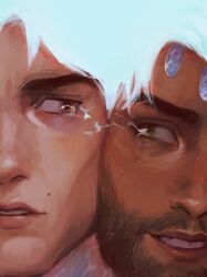 2boys 6_teh arcane:_league_of_legends arcane_jayce beard brown_eyes close-up couple dark_skin eye_contact eye_trail facial_hair forehead_jewel glowing glowing_hair heads_together highres jayce_(league_of_legends) league_of_legends light_trail looking_at_another male_focus mature_male mole mole_above_mouth multiple_boys short_hair smile split_crop thick_eyebrows viktor_(arcane) viktor_(league_of_legends) yaoi