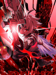1boy absurdres acura_(gunvolt) ahoge armor azure_striker_gunvolt azure_striker_gunvolt_2 finger_on_trigger full_body gun highres holding holding_gun holding_weapon male_focus nadesukos red_background red_eyes red_theme roro_(combat_pod)_(gunvolt) short_hair solo_focus vernier_thrusters weapon