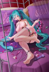 1girl absurdres alternate_costume anal anal_beads anal_object_insertion aqua_eyes aqua_hair ass breasts chain chain_leash chinese_commentary commentary_request condom cum cum_pool dark_nipples dildo double-parted_bangs fishnet_thighhighs fishnets full_body hair_between_eyes hatsune_miku highres hitachi_magic_wand holding holding_sex_toy huge_breasts indoors kele_xianren leash long_hair lying nipple_piercing nipples object_insertion on_bed on_side open_mouth pearl_thong piercing sex_toy sex_toy_pull solo thighhighs tongue tongue_out twintails used_condom used_condom_in_clothes variant_set very_long_hair vibrator vocaloid