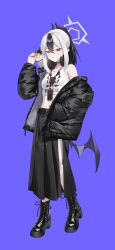 1girl absurdres animal animal_on_shoulder black_boots black_choker black_coat black_hair black_horns black_skirt blue_archive boots cat cat_on_shoulder choker coat crop_top demon_horns grey_halo hair_between_eyes halo headphones headphones_around_neck highres horns jmao kayoko_(blue_archive) long_hair long_skirt long_sleeves looking_at_viewer midriff multicolored_hair navel open_clothes open_coat pleated_skirt ponytail purple_background red_eyes shirt side_slit simple_background skirt sleeveless sleeveless_shirt solo standing two-tone_hair white_hair white_shirt