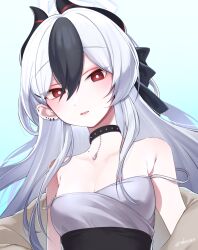 1girl black_bow black_choker black_dress black_hair black_horns blue_archive bow breasts brown_jacket choker cleavage collarbone commentary_request demon_horns dress ear_piercing furrowed_brow hair_between_eyes hair_bow halo highres horns jacket kayoko_(blue_archive) kayoko_(dress)_(blue_archive) long_hair long_sleeves looking_at_viewer mole mole_on_neck multicolored_hair official_alternate_costume official_alternate_hairstyle parted_lips piercing red_eyes small_breasts solo toro_(6636) two-tone_hair