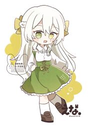 Rule 34 | 1girl, :d, artist name, blush stickers, brown shoes, collared shirt, double-parted bangs, ena 1510, frilled skirt, frills, full body, green skirt, hair ribbon, heterochromia, highres, long hair, long sleeves, looking at viewer, missing commentary, open mouth, original, outline, ribbon, shirt, shoes, simple background, skirt, smile, socks, solo, standing, suspender skirt, suspenders, twitter username, watermark, white background, white hair, white outline, white shirt, white socks, yellow ribbon