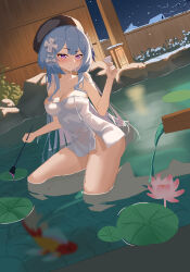 1girl absurdres alternate_breast_size beret blue_hair breasts chinese_commentary cleavage collarbone commentary_request evil_king fish flower griseo griseo_(starry_impression) hair_flower hair_ornament hat highres holding holding_paintbrush honkai_(series) honkai_impact_3rd long_hair medium_breasts naked_towel night night_sky onsen paintbrush purple_eyes sky solo towel