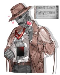 Rule 34 | 1boy, arknights, belt, black pants, brown belt, brown coat, brown hat, coat, commentary request, facial hair, fedora, game screenshot, hat, heart, highres, male focus, mustache, nigirikobushi2, one eye closed, open clothes, open shirt, origami, pants, robot, screenshot inset, shirt, tin man (arknights), translation request, white background, white shirt