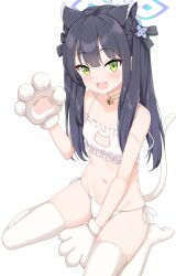 1girl :d absurdres animal_ear_fluff animal_ears animal_hands bell between_legs black_hair blue_archive blue_halo blush bra breasts cat_cutout cat_ear_panties cat_lingerie cat_paws cat_tail choker cleavage_cutout clothing_cutout collarbone commentary dot_nose english_commentary enru extra_ears fake_tail female_focus frilled_bra frills full_body gloves green_eyes groin halo hand_between_legs highres jingle_bell loli looking_at_viewer navel neck_bell no_shoes open_mouth paid_reward_available panties pantyhose paw_gloves seiza shun_(blue_archive) shun_(small)_(blue_archive) side-tie_panties sidelocks simple_background sitting small_breasts smile solo strap_slip tail thighhighs tiger_ears tiger_girl twintails underwear underwear_only wariza white_background white_bra white_choker white_pantyhose white_thighhighs