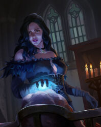 Rule 34 | 1girl, absurdres, amenda, black choker, black gloves, black hair, blue eyes, candle, choker, gloves, highres, indoors, long hair, pendant choker, purple lips, solo, the witcher (series), the witcher 3, yennefer of vengerberg