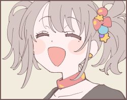 1girl beads black_border black_shirt blush_stickers border bow choker closed_eyes collarbone ear_piercing grey_background grey_hair hair_bow hair_ornament highres mole mole_under_eye namori open_mouth original piercing red_choker shirt simple_background smile solo star_(symbol) star_hair_ornament twintails wavy_hair