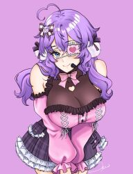 1girl ahoge bare_shoulders black_skirt blue_eyes bow bowtie breasts buttons cleavage closed_mouth clothing_cutout commission covered_collarbone eyepatch frilled_eyepatch frilled_shirt frilled_skirt frilled_sleeves frills hair_bow hair_ornament heart heart_ahoge heart_cutout heart_eyepatch highres large_breasts long_hair meowyin original pink_bow pink_bowtie pink_shirt pink_sleeves plaid_clothes plaid_skirt pom_pom_(clothes) pom_pom_hair_ornament purple_background purple_hair see-through_cleavage see-through_clothes shirt skirt smile solo vgen_commission