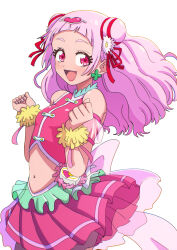 1girl absurdres back_bow blush bow clover_earrings crop_top cure_yell double_bun earrings flower hair_bun hair_flower hair_ornament hair_ribbon hakuino_hakase highres hugtto!_precure jewelry lipstick magical_girl makeup medium_hair midriff navel nono_hana open_mouth pink_bow pink_eyes pink_hair pink_shirt pink_skirt pleated_skirt precure red_ribbon ribbon shirt skirt sleeveless sleeveless_shirt smile solo white_background wrist_cuffs