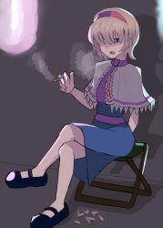 1girl alice_margatroid black_shoes blonde_hair blowing_smoke blue_dress blue_eyes capelet cigarette commentary cookie_(touhou) director&#039;s_chair dress frilled_necktie full_body grey_background hair_over_one_eye hairband highres holding holding_cigarette jigen_(cookie) looking_at_viewer mary_janes necktie open_mouth pink_necktie pink_sash pro55h red_hairband sash shaded_face shoes short_hair smoke smoking solo touhou white_capelet