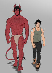 Rule 34 | 2boys, abs, absurdres, bara, barefoot, beard, black hair, black pants, brown footwear, chest hair, closed mouth, collarbone, demon horns, demon tail, dominique (the devil and s-13), ear piercing, facial hair, fingernails, fundoshi, green tank top, grey background, highres, horns, japanese clothes, large pectorals, leg hair, light frown, looking at another, looking to the side, male focus, male pubic hair, multiple boys, muscular, muscular male, navel, nipples, pants, pectorals, piercing, pointy ears, pubic hair, shadow, sharp fingernails, sharp toenails, shoes, short hair, simple background, steen (the devil and s-13), suyohara, tail, tank top, the devil and s-13, toenails, variant set, walking
