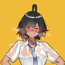 1girl ahoge black_hair blue_necktie blush breasts collarbone collared_shirt commentary commentary_request english_commentary highres indonesian_commentary indonesian_high_school_uniform looking_at_viewer medium_breasts mixed-language_commentary multicolored_hair necktie original red_eyes red_hair school_uniform see-through_clothes see-through_shirt shirt short_hair short_sleeves simple_background smile sneusagi solo steam streaked_hair sweat swept_bangs teeth upper_body v-shaped_eyebrows wet wet_clothes wet_shirt white_shirt yellow_background