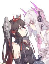 Rule 34 | 2girls, bare shoulders, black dress, black hair, chin guard, dress, fake horns, gold trim, gradient hair, grey dress, grey hair, headgear, headphones, horns, liv: lux (pgr), liv (pgr), long hair, lucia: dawn (pgr), lucia (pgr), mechanical arms, multicolored hair, multiple girls, pink eyes, punishing: gray raven, red eyes, red hair, red horns, short dress, sidelocks, sleeveless, sleeveless dress, streaked hair, white background, zocehuy
