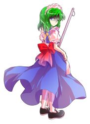 1girl alphes_(style) android apron back back_bow black_shoes blue_dress bow commentary_request dairi dress frilled_sleeves frills full_body green_hair holding large_variant_set maid maid_apron maid_headdress mary_janes mop parody parted_bangs puffy_short_sleeves puffy_sleeves red_bow ruukoto shoes short_hair short_sleeves socks solo style_parody tachi-e touhou touhou_(pc-98) transparent_background variant_set waist_apron white_apron white_socks