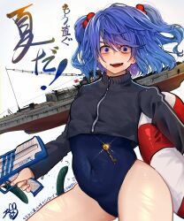1girl absurdres alternate_costume black_jacket blue_eyes blue_hair blue_one-piece_swimsuit boat breasts commentary_request covered_navel cowboy_shot cropped_jacket cucumber hair_bobbles hair_ornament highres holding holding_water_gun jacket jewelry kawashiro_nitori key key_necklace looking_at_viewer medium_breasts medium_hair necklace one-piece_swimsuit open_mouth rising_sun_flag simple_background smile solo sunburst swimsuit swimsuit_under_clothes touhou translation_request two_side_up water_gun watercraft white_background yukine_0930 zipper