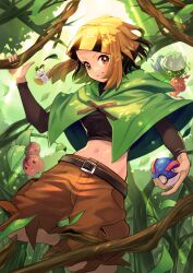 1girl absurdres belt black_belt black_hair black_shirt blunt_bangs boots breasts brown_eyes brown_hair capelet cargo_shorts cherubi commentary_request creatures_(company) crop_top cropped_shirt dappled_sunlight emolga falling_leaves forest game_freak gardenia_(pokemon) gen_4_pokemon gen_5_pokemon great_ball green_capelet green_footwear grin highres holding holding_poke_ball leaf legomitu long_sleeves looking_at_viewer medium_breasts midriff multicolored_hair nature navel nintendo outdoors poke_ball pokemon pokemon_(creature) pokemon_dppt roserade shirt short_hair shorts sidelocks smile standing standing_on_one_leg sunlight teeth torn_clothes torn_shorts two-tone_hair