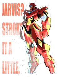 Rule 34 | 1boy, armor, chest jewel, commentary, english commentary, english text, full body, helmet, highres, iron man, marvel, marvel tokon: fighting souls, nedwardo, power armor, red armor, red helmet, simple background, solo, white background, yellow armor