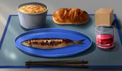 bowl bread chopsticks commission commissioner_upload cube cup danbooru_(site) derivative_work drink drinking_glass fine_9725 fish food food_focus glass highres loaf_of_bread meme no_humans non-web_source original placemat plate skeb_commission soup still_life textless_version