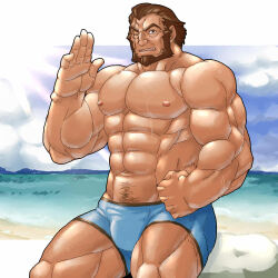 Rule 34 | abs, akuann, bara, beach, beard, biceps, blue male swimwear, breasts, broad shoulders, brown hair, chinstrap beard, chrono cross, male swimwear, medium breasts, muscular, muscular male, nipples, one eye closed, pectorals, salute, scar, scar across eye, scar on face, sitting, zappa (chrono cross)