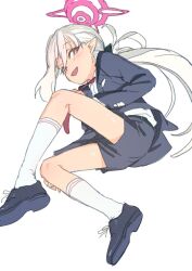 Rule 34 | 1girl, black shoes, black shorts, blue archive, blush, halo, highres, jacket, kneehighs, long hair, long sleeves, mutsuki (blue archive), mutsuki (suit) (blue archive), nametake, necktie, open clothes, open jacket, open mouth, pointy ears, ponytail, red eyes, red necktie, shirt, shoes, shorts, simple background, socks, solo, white background, white hair, white shirt, white socks