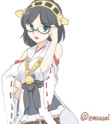 Rule 34 | 1girl, adjusting eyewear, black eyes, black hair, black skirt, cowboy shot, detached sleeves, emuwai, glasses, green-framed eyewear, hairband, headgear, kantai collection, kirishima (kancolle), long hair, nontraditional miko, one-hour drawing challenge, ribbon-trimmed sleeves, ribbon trim, short hair, simple background, skirt, solo, twitter username, white background