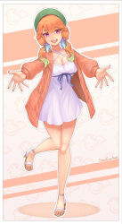 1girl :d absurdres artist_name bare_legs beret blue_ribbon blush border breasts cleavage commentary dress earrings english_commentary eon_sean eyelashes feather_earrings feathers feet full_body gradient_hair green_hair green_hat hat high_heel_sandals highres hololive hololive_english jacket jewelry large_breasts legs looking_at_viewer multicolored_hair nail_polish open_clothes open_jacket open_mouth orange_hair orange_jacket outline pink_nails purple_eyes ribbon sandals short_dress smile solo standing standing_on_one_leg strappy_heels takanashi_kiara teeth toenail_polish toenails toes upper_teeth_only virtual_youtuber white_border white_dress white_outline white_sandals