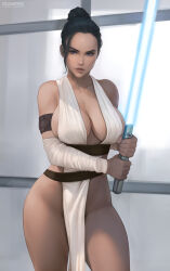 Rule 34 | 1girl, blue eyes, blue lightsaber, breasts, brown hair, cleavage, energy sword, female focus, flowerxl, hair buns, large breasts, lightsaber, looking at viewer, no bra, no panties, revealing clothes, rey (star wars), sash, solo, star wars, sword, tagme, thick thighs, thighs, weapon, wide hips