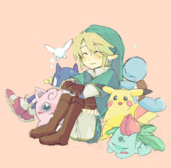 1boy ^_^ blonde_hair body_fur closed_eyes earrings fairy furry furry_male gen_1_pokemon hat ivysaur jewelry jigglypuff link navi nintendo pikachu pink_background pointy_ears pokemon pokemon_(creature) simple_background smile sonic_(series) sonic_the_hedgehog squirtle super_smash_bros. the_legend_of_zelda the_legend_of_zelda:_twilight_princess