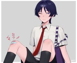 1boy alternate_costume ankle_socks arm_rest arms_at_sides artist_name bag bandage_on_knee bandages black_footwear black_socks blue_hair border bright_pupils closed_mouth collared_shirt genshin_impact grey_background highres injury knees_up lavelis light_frown looking_up necktie no_headwear one_eye_closed purple_bag purple_eyes red_necktie scaramouche_(genshin_impact) school_uniform shirt short_hair short_sleeves shorts shoulder_bag simple_background sitting socks solo sweat white_border white_shirt wince wing_collar