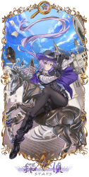 1girl absurdres asymmetrical_gloves black_boots black_gloves black_hat black_pantyhose black_shorts black_vest blue_eyes blue_sky boots border brick_floor building cape character_name cloud day detective_(silver_palace) drill_hair drill_sidelocks european_architecture fedora female_detective_(silver_palace) finger_on_trigger full_body gloves gun hand_on_headwear hat highres holding holding_gun holding_weapon horse horseback_riding long_hair looking_at_viewer low_ponytail magnifying_glass mismatched_gloves mosta_(lo1777789) ornate_border outside_border pantyhose parted_lips ponytail purple_cape purple_hair red_pupils riding shirt short_shorts shorts sidelocks sidesaddle silver_palace sky solo very_long_hair vest waistcoat weapon white_gloves white_shirt
