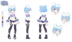 1girl absurdres animal_ear_fluff animal_ears animal_hands bear_ears bear_girl bear_tail belt black_belt black_footwear black_thighhighs blue_hair blue_tail body_markings boots reference_sheet closed_eyes closed_mouth color_guide cropped_jacket fang fur-trimmed_boots fur-trimmed_jacket fur_trim highres icey_snowpaws jacket logo medium_hair multiple_views navel open_mouth paw_print purple_jacket second-party_source skin_fang skyvee_(artist) tail thighhighs torn_clothes torn_thighhighs vallure virtual_youtuber yellow_eyes