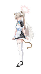 1girl absurdres alternate_costume animal_ears apron black_dress black_shoes blue_archive blue_bow blue_bowtie blush bow bowtie brown_eyes brown_hair cat_ears cat_tail closed_mouth commentary_request covered_erect_nipples dress enmaided feathered_wings fingernails flower frilled_apron frilled_hairband frills full_body hair_between_eyes hair_flower hair_ornament hairband high_heels highres kemonomimi_mode long_hair looking_at_viewer looking_to_the_side low_wings maid maid_headdress nagisa_(blue_archive) shoes simple_background small_sweatdrop solo standing tai_saka tail thighhighs very_long_hair white_apron white_background white_flower white_hairband white_thighhighs wings zettai_ryouiki