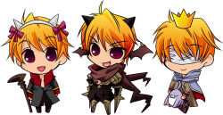 3boys :d alchemist_(ragnarok_online) armor assassin_cross_(ragnarok_online) bird black_coat black_pants black_shirt black_wings blonde_hair blue_bird blue_cape bow brown_coat cape chibi chibi_only coat commentary_request cone_horns crown dagger demon_wings fake_horns fang filir_(ragnarok_online) full_body grey_horns hair_bow head_wings holding holding_dagger holding_knife holding_staff holding_weapon horns jamadhar knife long_sleeves lowres male_focus multicolored_coat multiple_boys open_mouth pants pauldrons priest_(ragnarok_online) ragnarok_online red_bow red_cape red_coat red_eyes ri_t_k shirt short_hair shoulder_armor simple_background smile staff two-sided_cape two-sided_fabric two-tone_coat weapon white_background white_blindfold wings