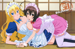 Rule 34 | 2girls, absurdres, ahoge, all fours, black hair, blonde hair, blue eyes, blush, bow, breast press, breasts, brown hair, cleavage, frown, happy, headdress, highres, large breasts, long hair, lying, maid, maid headdress, multiple girls, musubi, on side, orange eyes, sekirei, short hair, shy, symmetrical docking, tamaki shingo, thighhighs, tsukiumi, very long hair, waitress, white legwear, wrist cuffs, yuri