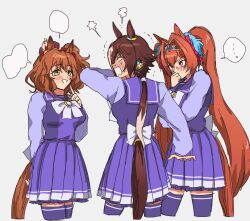 ... 3girls :d animal_ears aston_machan_(umamusume) back_bow blank_speech_bubble blush bow bowtie breasts brown_hair brown_tail commentary_request cowboy_shot crown daiwa_scarlet_(umamusume) flustered grey_background hair_intakes hand_to_own_mouth highres horse_ears horse_girl horse_tail horseshoe_ornament index_finger_raised long_hair long_sleeves medium_hair motion_lines multiple_girls one_side_up open_mouth orange_hair orange_tail pleated_skirt ponytail purple_serafuku purple_shirt purple_skirt purple_thighhighs red_eyes sailor_collar sailor_shirt school_uniform serafuku shirt simple_background skirt smile speech_bubble spoken_ellipsis tail thighhighs tiara tracen_school_uniform trembling twintails umamusume v-shaped_eyebrows very_long_hair vodka_(umamusume) white_bow white_bowtie winter_uniform yellow_eyes yuuki_sasami zettai_ryouiki