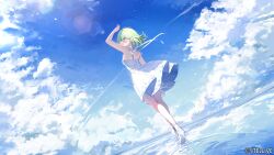1girl ankle_strap arm_up breasts cloud cloudy_sky commentary_request contrail copyright_name copyright_notice day dress dutch_angle from_behind full_body green_hair henceforth_(vocaloid) high_heels highres iop5509 korean_commentary lens_flare light_blush looking_up open_mouth outdoors shoes short_hair sky small_breasts solo standing standing_on_liquid stellive stiletto_heels sunlight virtual_youtuber white_dress white_shoes yuzuha_riko