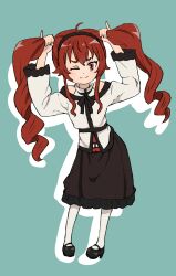Rule 34 | 1girl, absurdres, alternate hairstyle, breasts, bunching hair, dress, eris greyrat, feet, female focus, hairband, highres, legs, long hair, long skirt, looking at viewer, mushoku tensei, one eye closed, pantyhose, playing with own hair, red eyes, red hair, scene reference, skirt, small breasts, smile, solo, thighs, twintails, wink