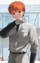 Rule 34 | 1boy, artist name, brown eyes, construction worker, emiya shirou, fate/stay night, fate (series), gloves, grey pants, grey shirt, jumpsuit, male focus, mct, orange hair, pants, shirt, signature, solo, twitter username