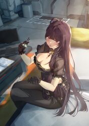 1girl absurdres breasts chopsticks cleavage dumpling food girls&#039;_frontline girls&#039;_frontline_2:_exilium highres holding holding_chopsticks holding_food makiatto_(embroidered_bamboo_blooming_shadows)_(girls&#039;_frontline_2) makiatto_(girls&#039;_frontline_2) official_alternate_costume pantyhose purple_hair shidoni solo wa2000_(girls&#039;_frontline)