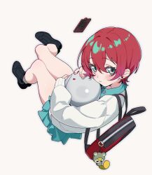 1girl amate_yuzuriha aqua_eyes aqua_shirt aqua_skirt backpack bag bag_charm black_shoes blush cardigan cellphone charm_(object) closed_mouth commentary cracked_screen grey_socks gundam gundam_gquuuuuux haro hashtag-only_commentary highres holding looking_at_viewer phone red_hair robot school_uniform shirt shoes short_hair simple_background skirt smartphone socks solo tamago_(eva1314056) white_background white_cardigan