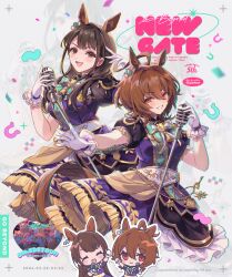 2girls agnes_tachyon_(umamusume) ahoge animal_ears artist_name blush bow bowtie breasts brown_eyes brown_hair chibi chibi_inset confetti dated earrings english_text fake_animal_ears gate_of_infinity_(umamusume) gloves hand_up holding holding_microphone horse_ears horse_girl horseshoe_ornament jacket jewelry long_hair looking_at_viewer microphone microphone_stand multiple_girls open_mouth puffy_short_sleeves puffy_sleeves purple_jacket purple_skirt real_life red_eyes sash short_hair short_sleeves shoulder_sash single_earring skirt small_breasts smile uesaka_sumire umamusume welchino white_gloves