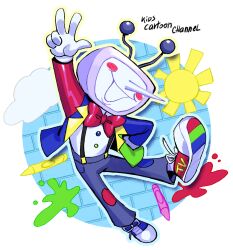 1boy ant_tenna blue_pants blush_stickers bow bowtie commentary crayon crt deltarune drawloverlala english_commentary full_body hand_in_pocket jacket male_focus multicolored_jacket multicolored_shoes object_head open_clothes open_jacket outline paint_splatter pants patch pointy_nose red_bow red_bowtie shirt solo sun suspenders transparent_background white_shirt yellow_outline