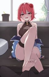 Rule 34 | 1girl, 1other, absurdres, bare legs, bare shoulders, barefoot, black choker, blue jacket, blue shorts, blush, breasts, brown shirt, bulge, choker, chunduk, commission, convenient leg, cutoffs, denim, denim shorts, dungeon and fighter, eclipse (dungeon and fighter), embarrassed, erection, erection under clothes, feet, female mage (dungeon and fighter), flower, footjob over clothes, hair flower, hair ornament, hetero, highres, jacket, large breasts, leg up, looking at viewer, off shoulder, open mouth, original, pointy ears, pov, pov crotch, red eyes, red hair, see-through cleavage, see-through clothes, shirt, short hair, short shorts, shorts, sitting, sleeveless, sleeveless shirt, soles, solo focus, summoner (dungeon and fighter), sweat, thigh strap, thighs, toes