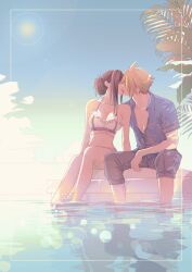 beach bikini bikini_skirt black_hair blonde_hair breasts closed_eyes cloud_strife cloud_strife_(ocean_chocobo) final_fantasy final_fantasy_vii final_fantasy_vii_rebirth final_fantasy_vii_remake frilled_bikini frilled_bikini_top frills hawaiian_shirt highres kiss large_breasts microskirt mixmomo_yah official_alternate_costume official_alternate_hairstyle open_collar palm_tree shirt skirt soaking_feet spiked_hair sun sunlight swimsuit tifa_lockhart tifa_lockhart_(shining_spirit) tree water white_bikini