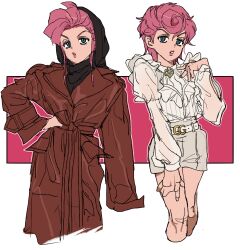 Rule 34 | 1girl, black headscarf, brown coat, coat, collar, collared dress, cowboy shot, disgust, dress, frilled collar, frilled sleeves, frills, fu r y, green eyes, hand on own hip, hand on own leg, headscarf, highres, jojo no kimyou na bouken, long sleeves, looking at viewer, multiple views, outline, palmar flexion, parted lips, pink background, pink hair, pink lips, pink theme, semi-transparent, short dress, short hair, sidelocks, trish una, vento aureo, white background, white dress, white outline